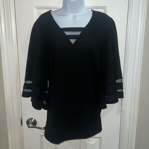 Black Bell Sleeve sheer on neck & sleeves Ladies Top